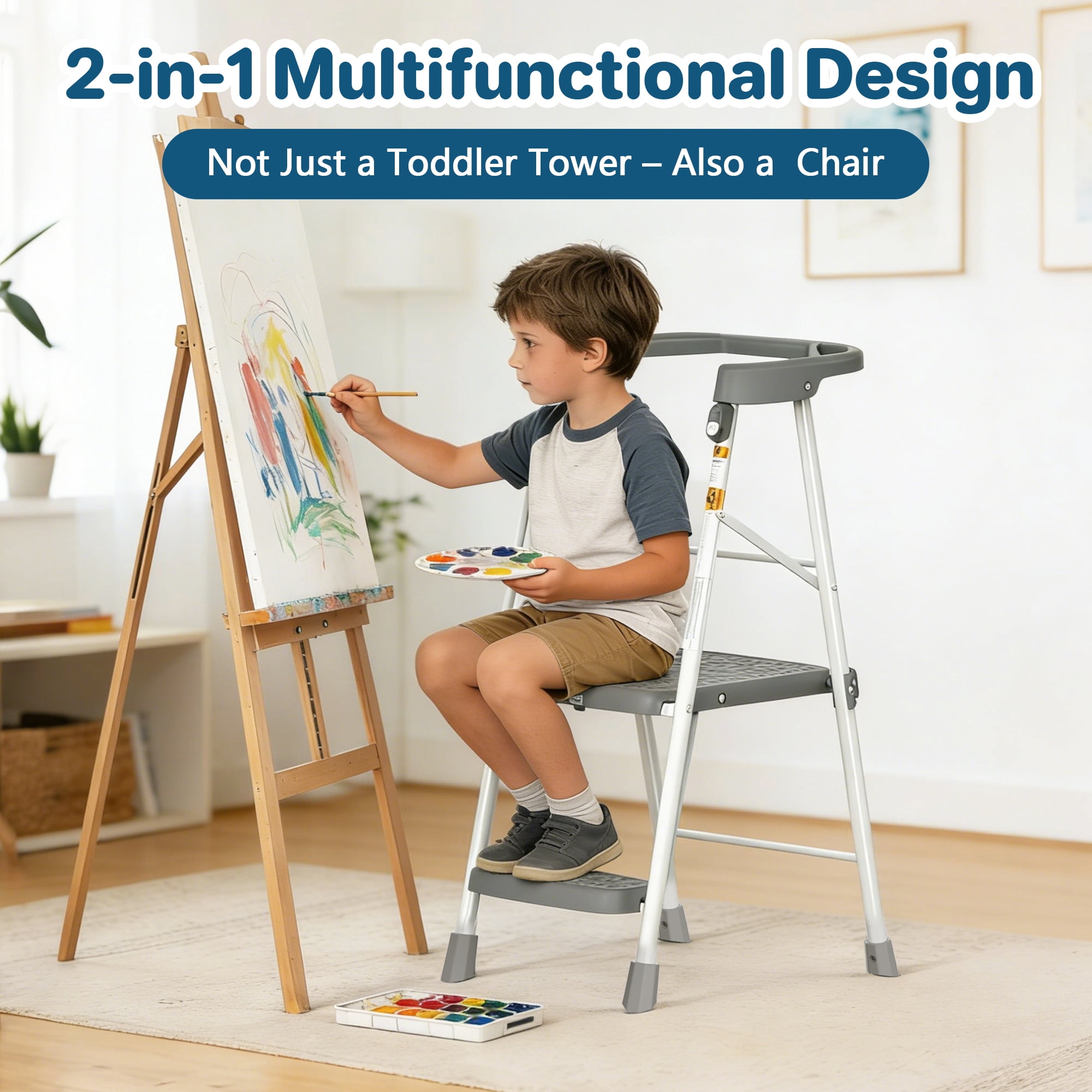 LevLad Toddler Kitchen Step Stool Helper for Kids, Foldable Learning Standing Tower for Kitchen Counter, Bathroom Sink, Gray