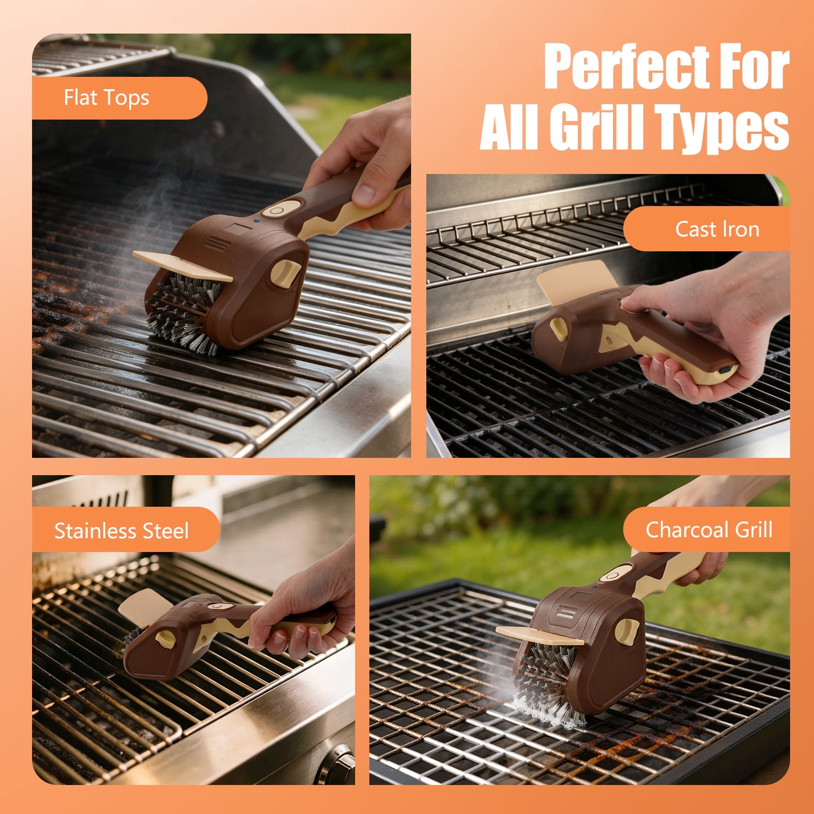 BBQ Grill Brush Cordless, 700 RPM Electric Grill Cleaner with Stainless Steel Brush, Rechargeable Outdoor Grill Cleaning Tool (Brown)
