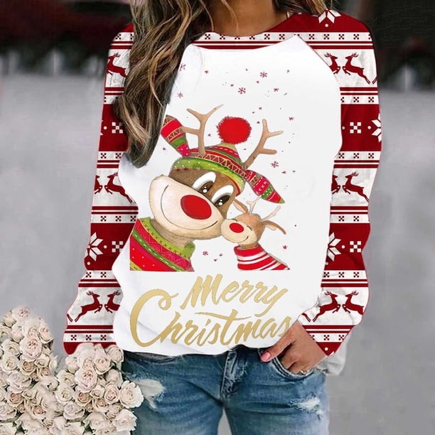 Pntutb - Sudadera con estampado navideño de manga larga para mujer, informal, a la moda, blusa Pntutb Pntutb-8948