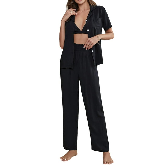Mialoley Ensemble de Pyjama 3 Pcs pour Femmes, Chemise à Manches Courtes Classique + Pantalon + Soutien-Gorge Léger Tenue de Nuit