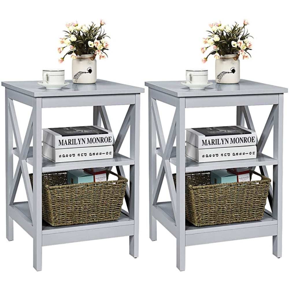 Demi Bonn End Table, 3-Tier X-Design Nightstands with Storage Shelves, Bed Side Tables, for Living Room, Bedroom, Gray