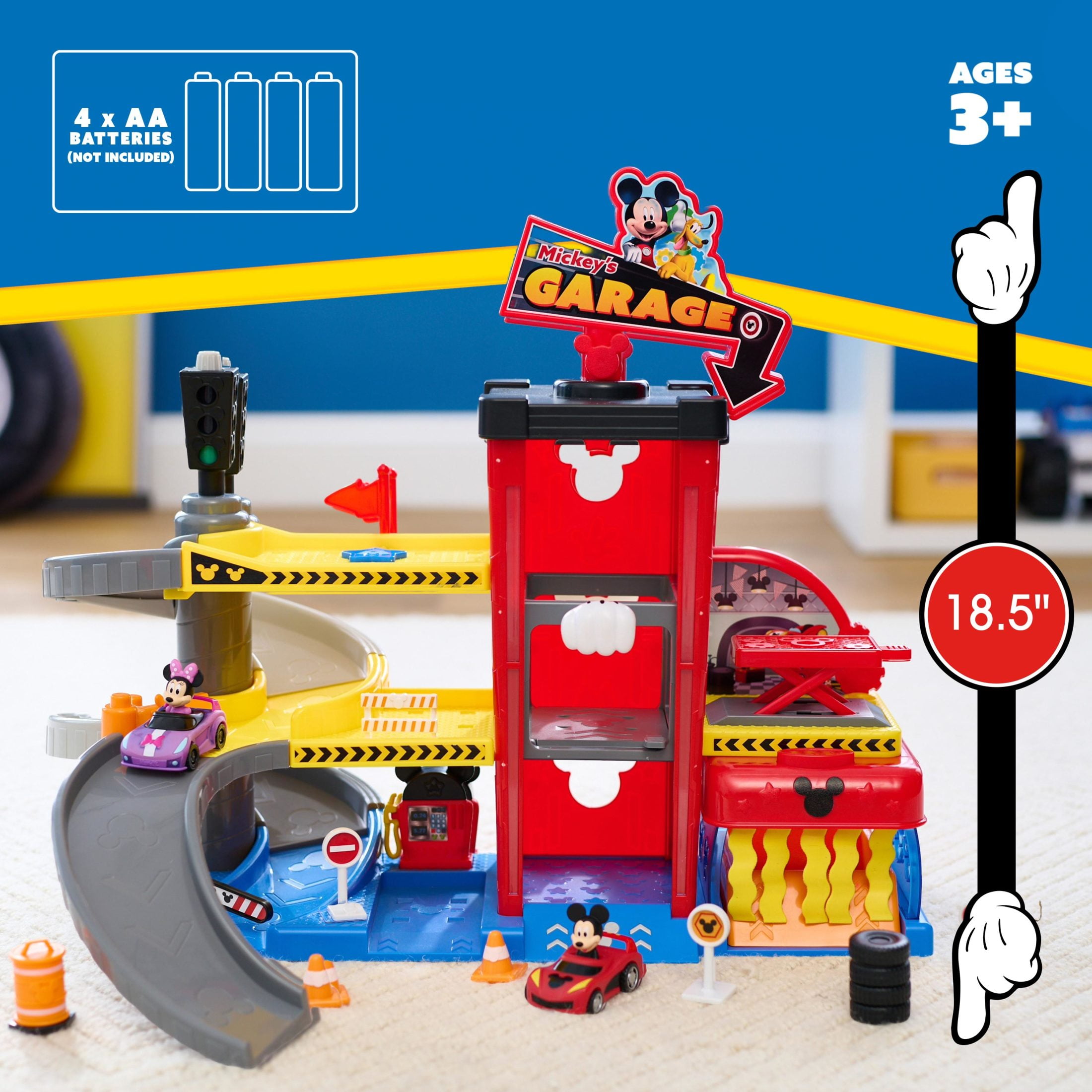 Disney Junior Mickey Mouse Ready to Race Garage, Lights and Sounds, 18-piece Vehicle Playset Baby and Toddler Toys