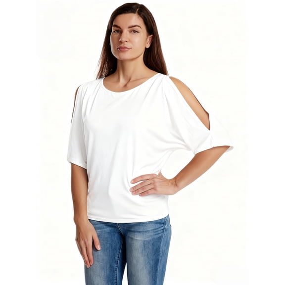 Women's Cold Shoulder Batwing Sleeve Blouse - Loose-Fit Casual Top(White)