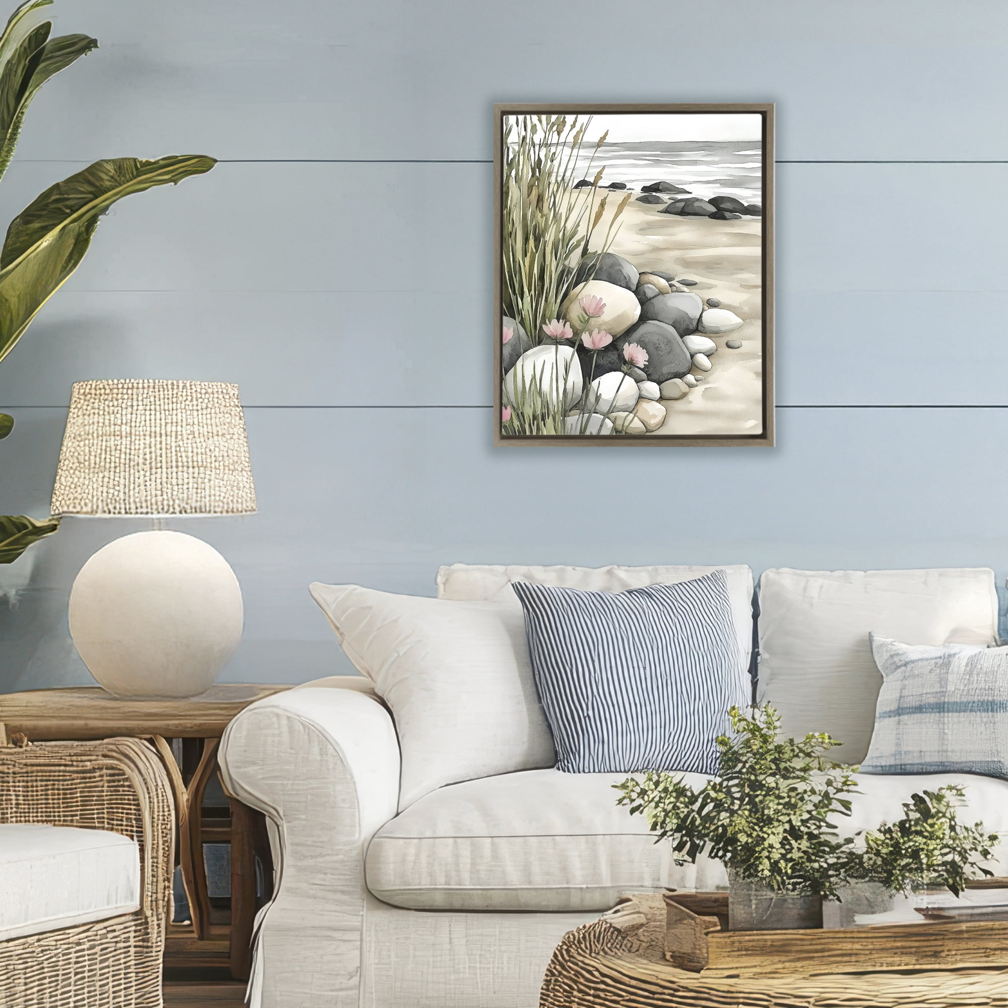 Stupell Industries Coastal Calm Pebbles Brown Framed Floater Canvas Wall Art, design by Riley B