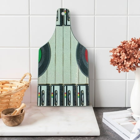

Indie Cutting Board Top View of Audio Cassettes Gramophone Records Retro Retro Music Theme Decorative Tempered Glass Cutting and Serving Board Wine Bottle Shape Black White Cream by Ambesonne