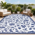 thumbnail image 1 of 5x8FT Reversible Outdoor Rug – Waterproof Navy Blue & White Floral Plastic Straw Carpet – Lightweight Foldable Patio Mat with Portable Bag for RV, Beach, Deck & Camping, 1 of 8