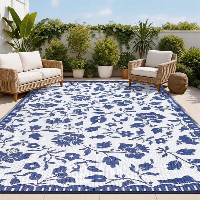 5x8FT Reversible Outdoor Rug – Waterproof Navy Blue & White Floral Plastic Straw Carpet – Lightweight Foldable Patio Mat with Portable Bag for RV, Beach, Deck & Camping