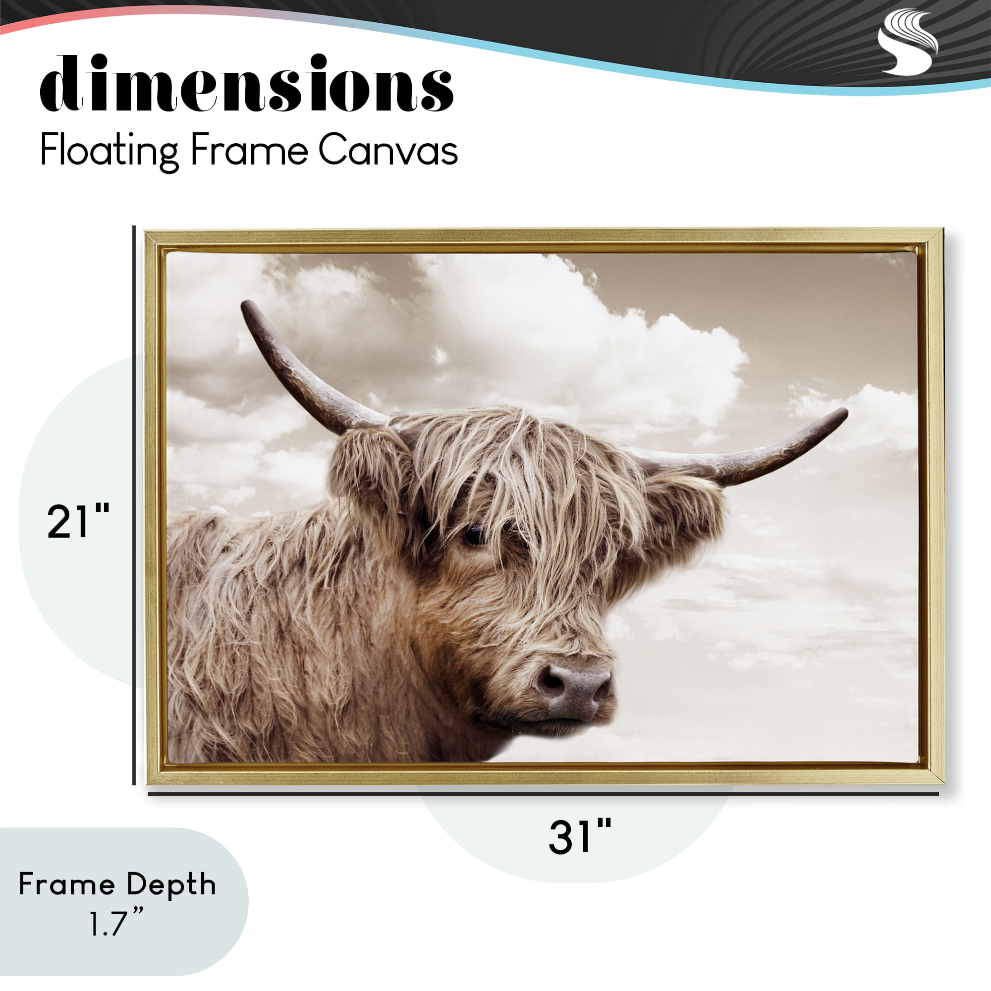 Stupell Industries Shaggy Highland Cow & Clouds Gold Framed Floater Canvas Wall Art, design by CAD Designs