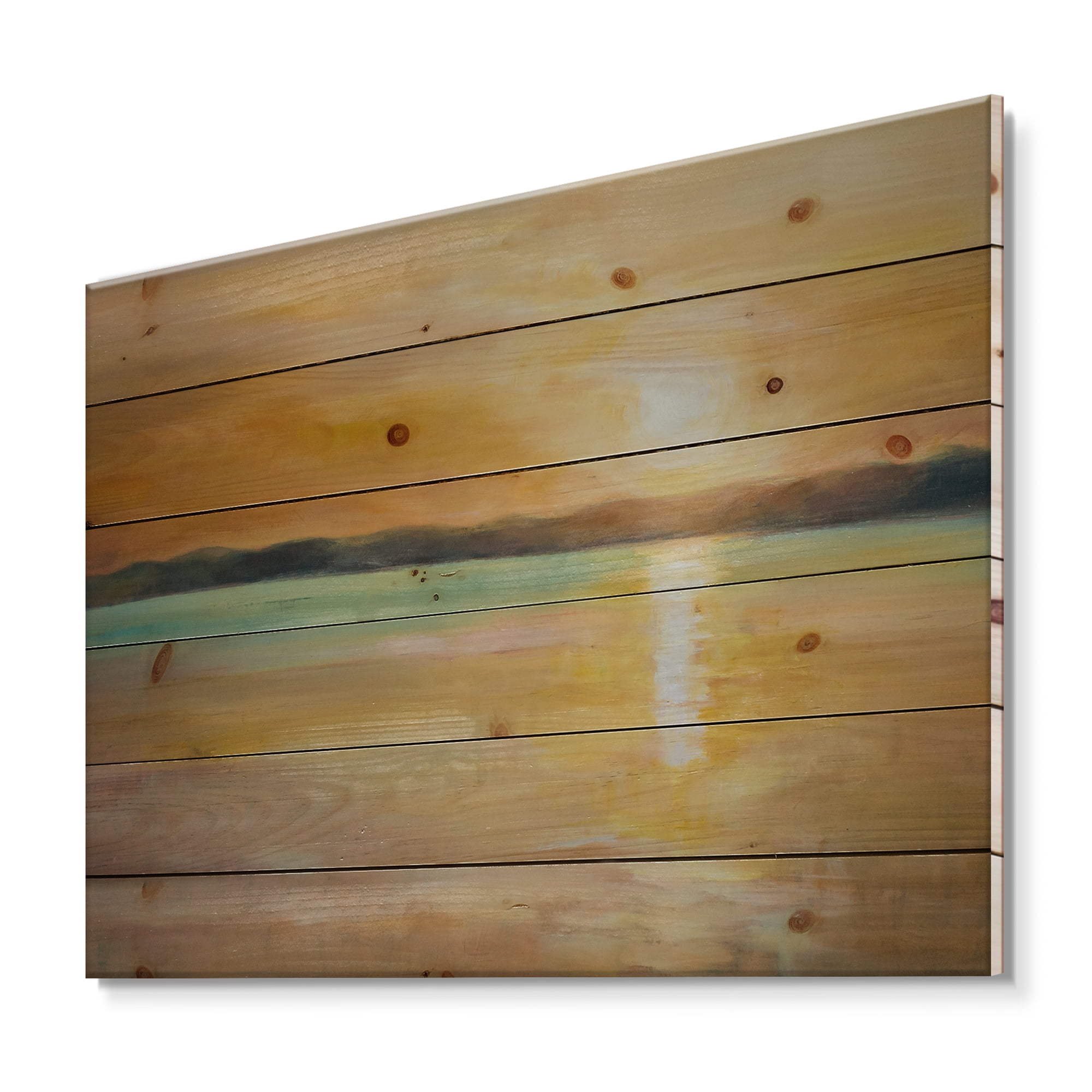 Designart 'Abstract Yellow Sunset At The Horizon' Nautical & Coastal Print on Natural Pine Wood