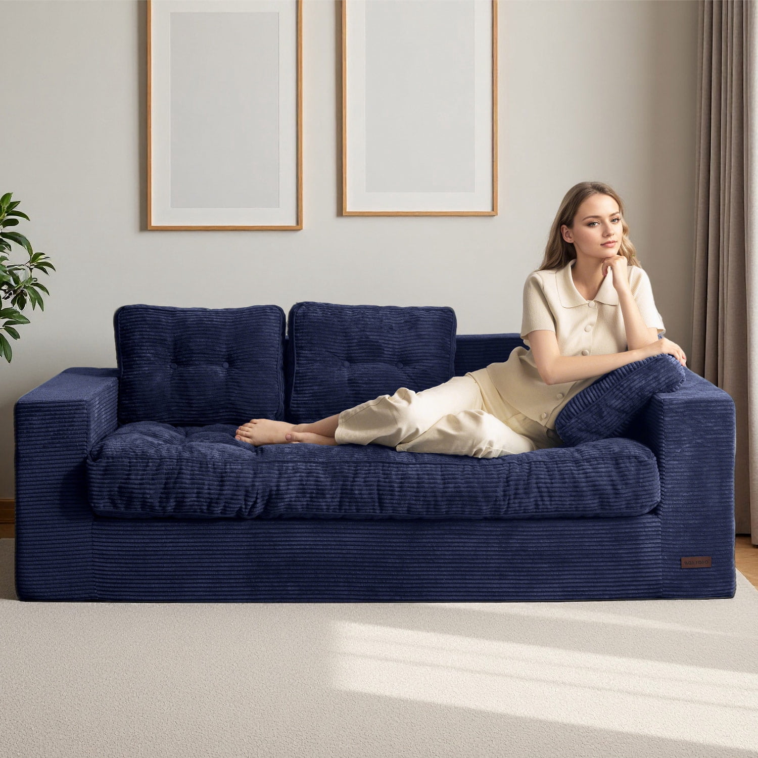 BYBYME 3 Seater Couch with Tufted Cushion & Backrest,Corduroy Floor Sofa with Armrests for Living Room Bedroom Office,Sofa in A Box,No Assembly Required,Navy