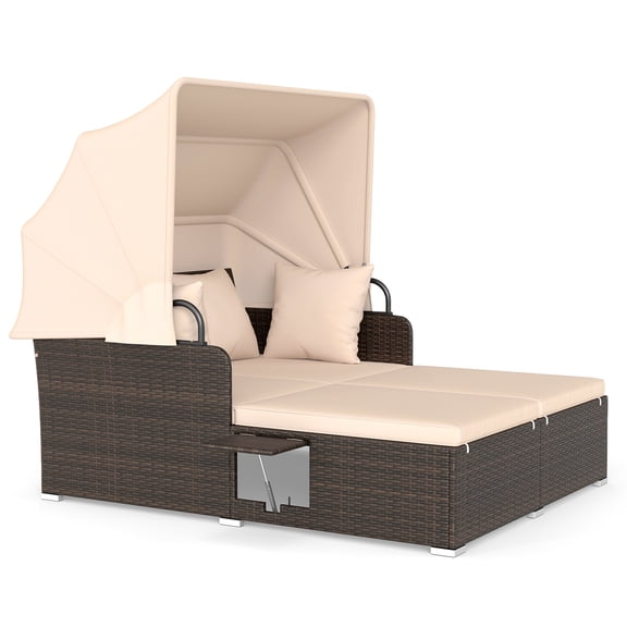 Gymax Patio Rattan Daybed Lounge Retractable Top Canopy Side Tables Cushions for Outdoor Brown