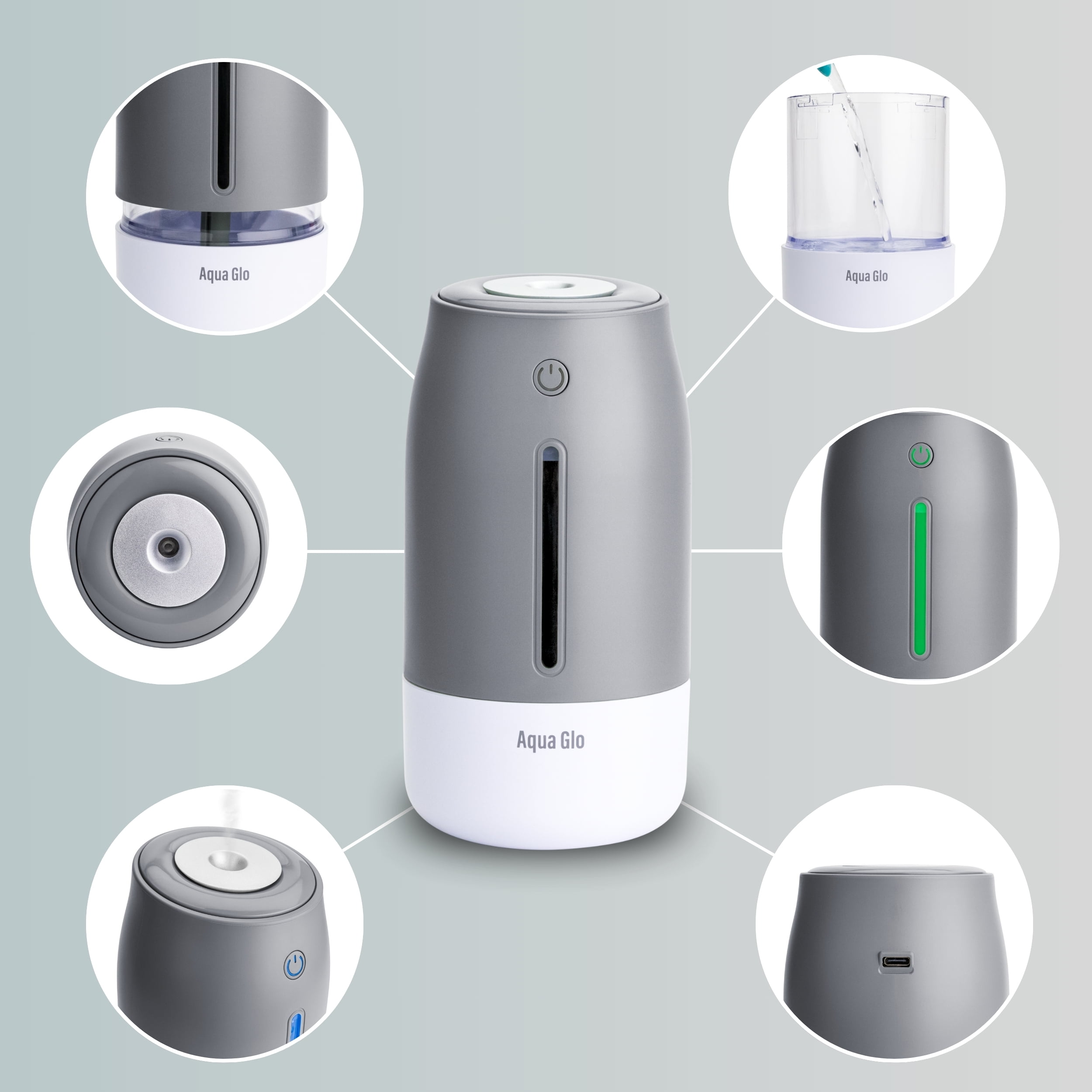 Airvana Aqua Glo Personal, Portable Humidifiers for Bedroom – Ultrasonic Cool Mist Humidifier with Built In Rechargeable Battery. Air Humidifier for Baby, Plants, Home, Office, Travel. Gray