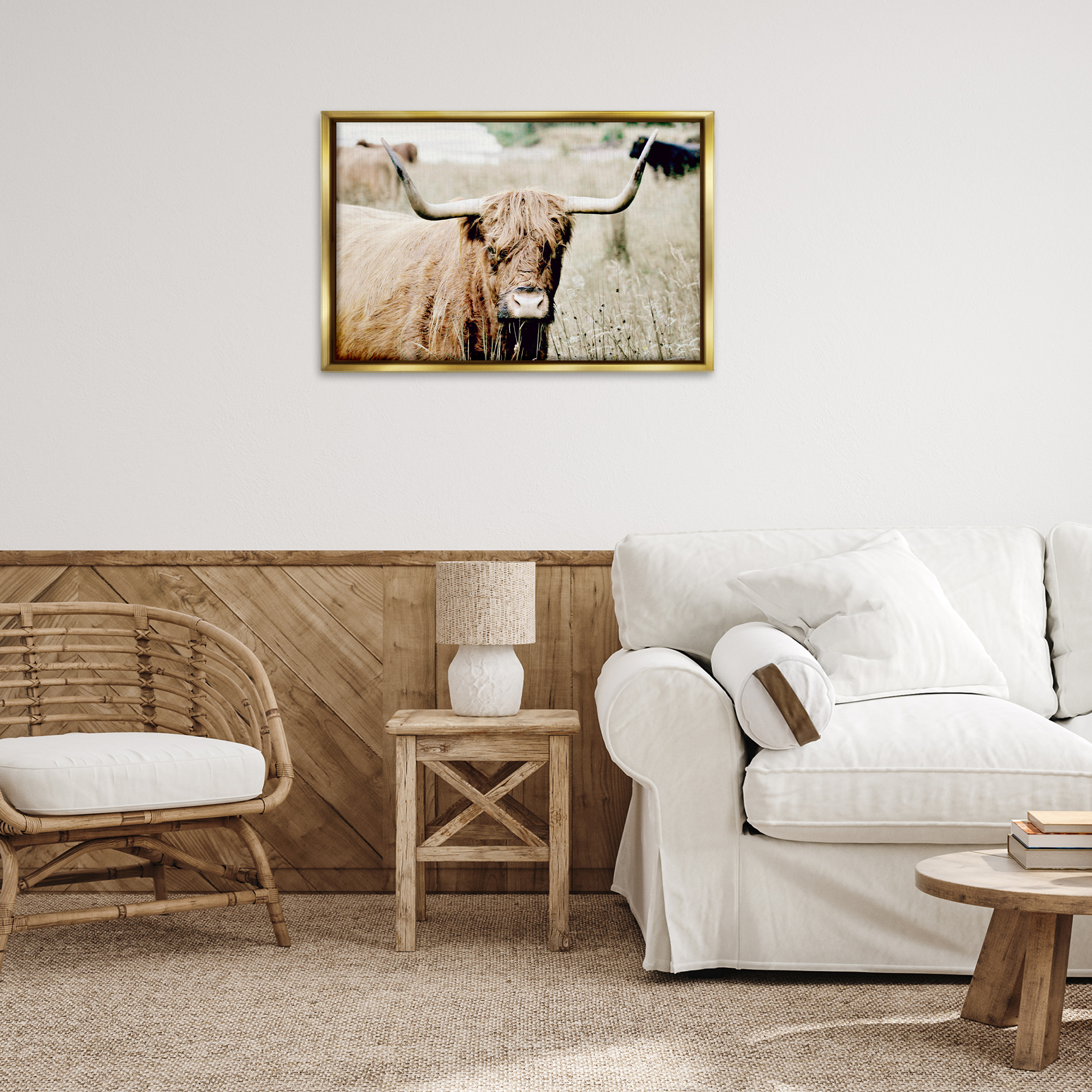 Stupell Industries Highland Cattle in Field Animals & Insects Photography Gold Floater Framed Canvas Art Print Wall Art, 31 x 21