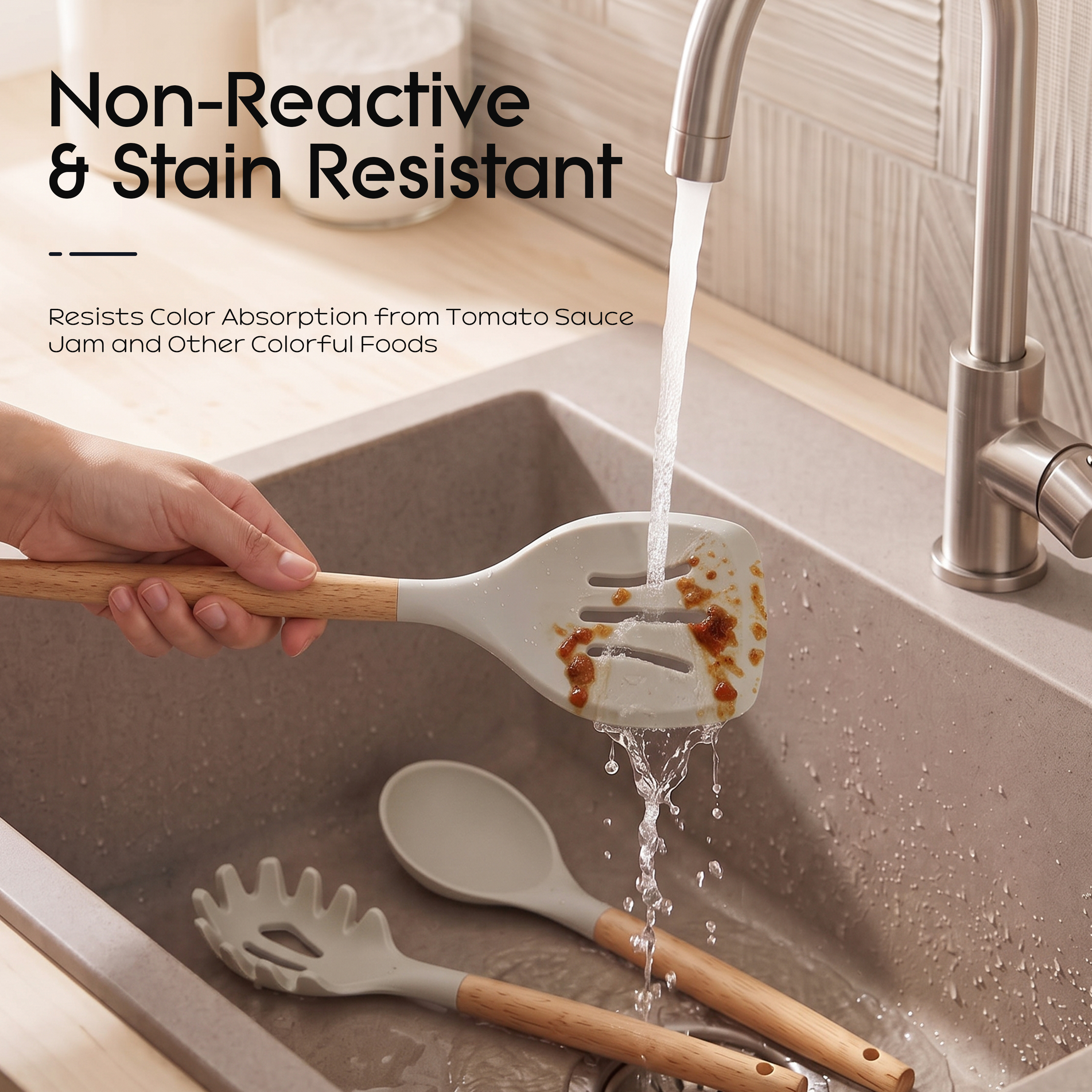 oannao 14-Piece Silicone Cooking Utensils Set With Wooden Handles photo 2