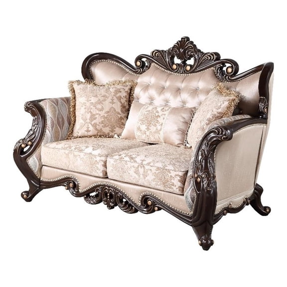Benjara Cona 70" Loveseat- Gold Carved Details- Brown- Button Tufted Beige
