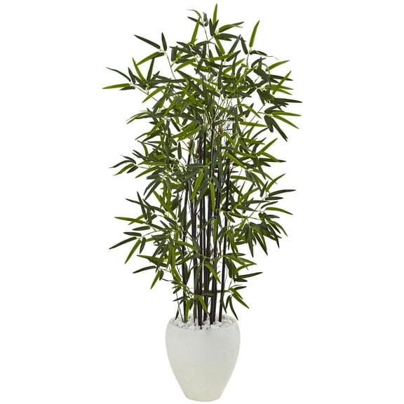 Nearly Natural 5 ft. Black Bamboo Artificial Tree in White Oval Planter