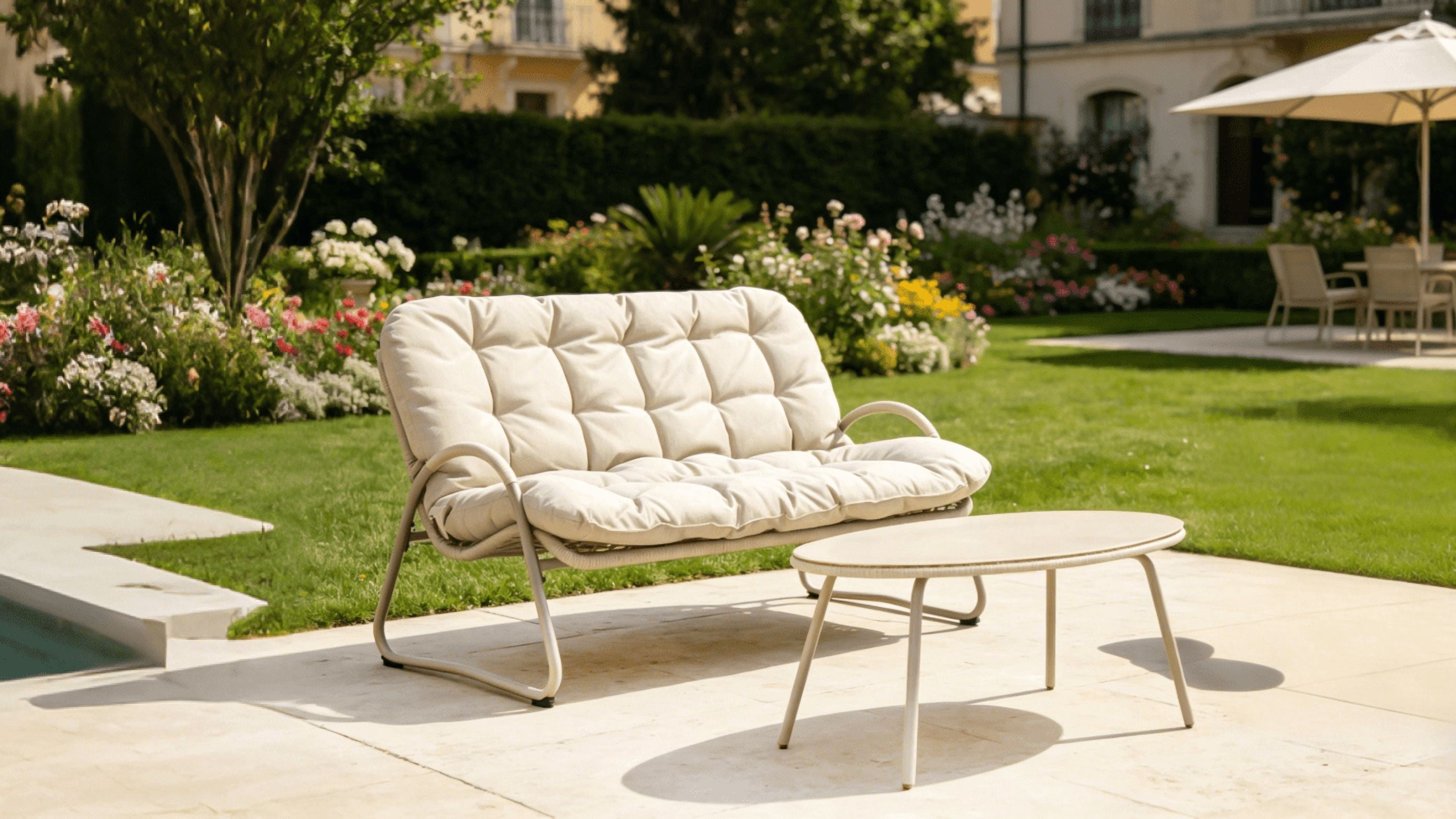 Outdoor Leisure Chair, Metal Frame Double Seat Chair for Garden Backyard Patio, Off White
