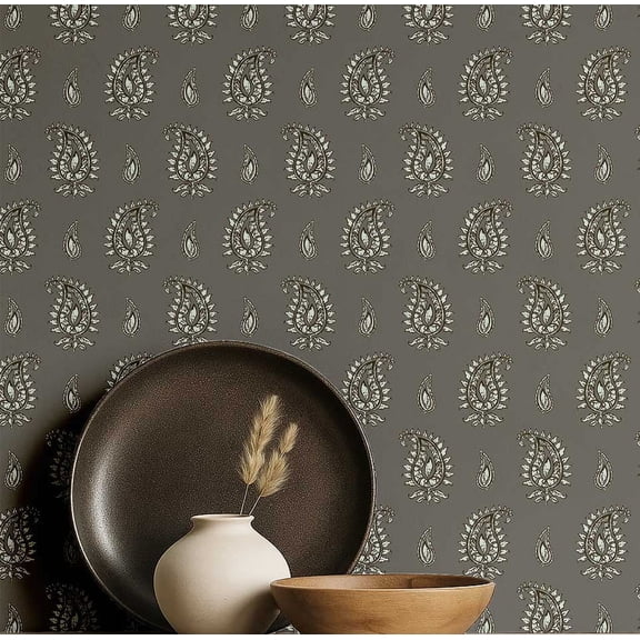 S4Sassy Peel & Stick Vinyl Wallpaper, Paisley Wall Paper Contact Paper Waterproof- Gray, 25"x120", Removable Asian Style Covering for Home Decor in Bedrooms & Living Areas