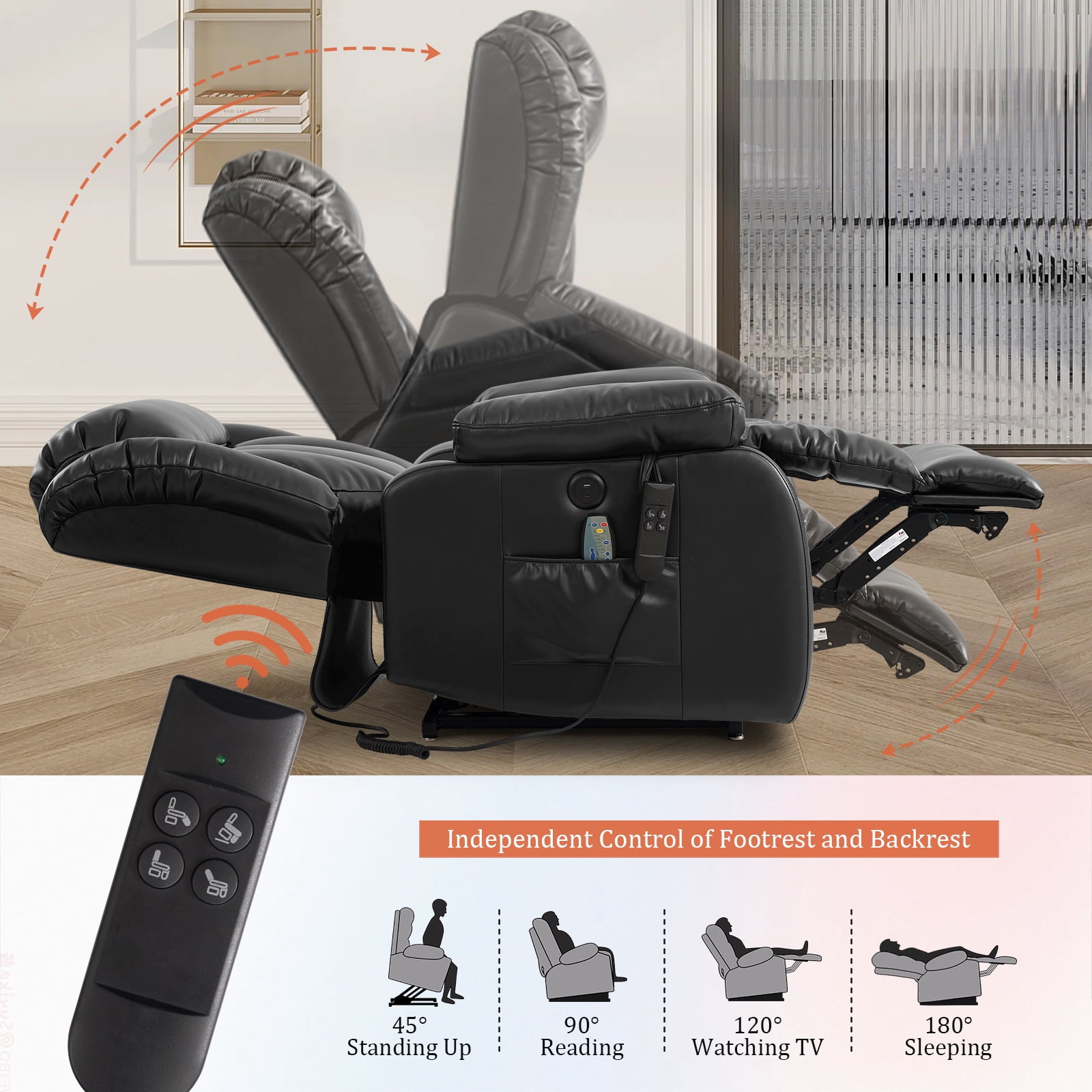 TEKAMON Infinite Position Lift Recliner Chair for Elderly with Heat and Massage Lay Flat Sleeping Leather Dual Motor Power Lift Chair for Living Room (Black)