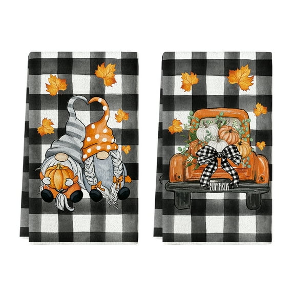 Sm:)e Buffalo Plaid Gnome Truck Pumpkin Fall Kitchen Dish Towels 18x26 Inch Set of 2