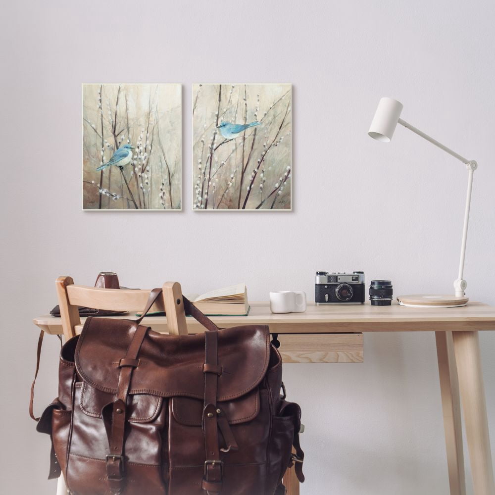 Stupell Industries Peaceful Perched Blue Birds Animal Nature Painting Framed Wall Art Design by Julia Purinton, 2 Piece, 11" x 14", Gray Framed