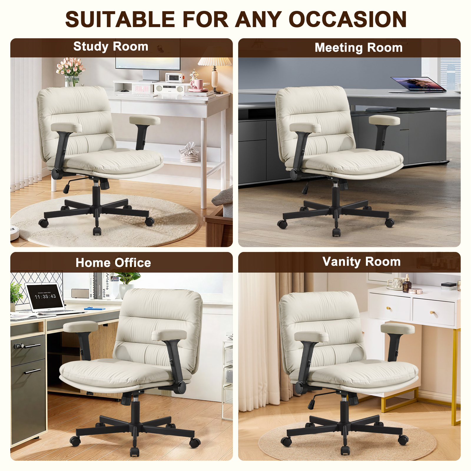 Falvinoryn 25.6" Wide Seat Office Chair, High Back Ergonomic Task Chair with Padded Adjustable Armrests and Double Cushion, Swivel Home Office Desk Chair for Office, Bedroom (Off-white)