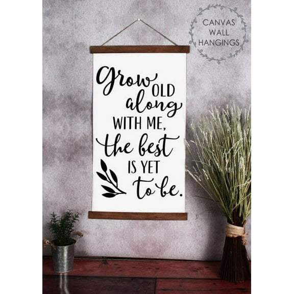 Wood Canvas Sign Wall Hanging, Grow Old With Me Bedroom Wall Art 15x26-Inch