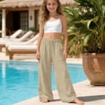 thumbnail image 2 of ZHANGDER Girls Linen Pants Wide Leg Pants Elastic Waist Summer Casual Beach Lounge Trousers with Pockets, Khaki 12-13 Years, 2 of 6
