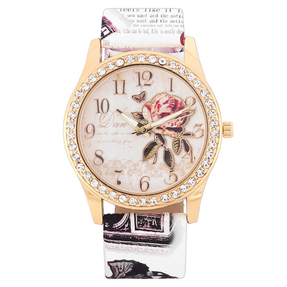 junmao Fashion Women Rhinestone Wrist Watch Casual Rose Pattern Quartz ...
