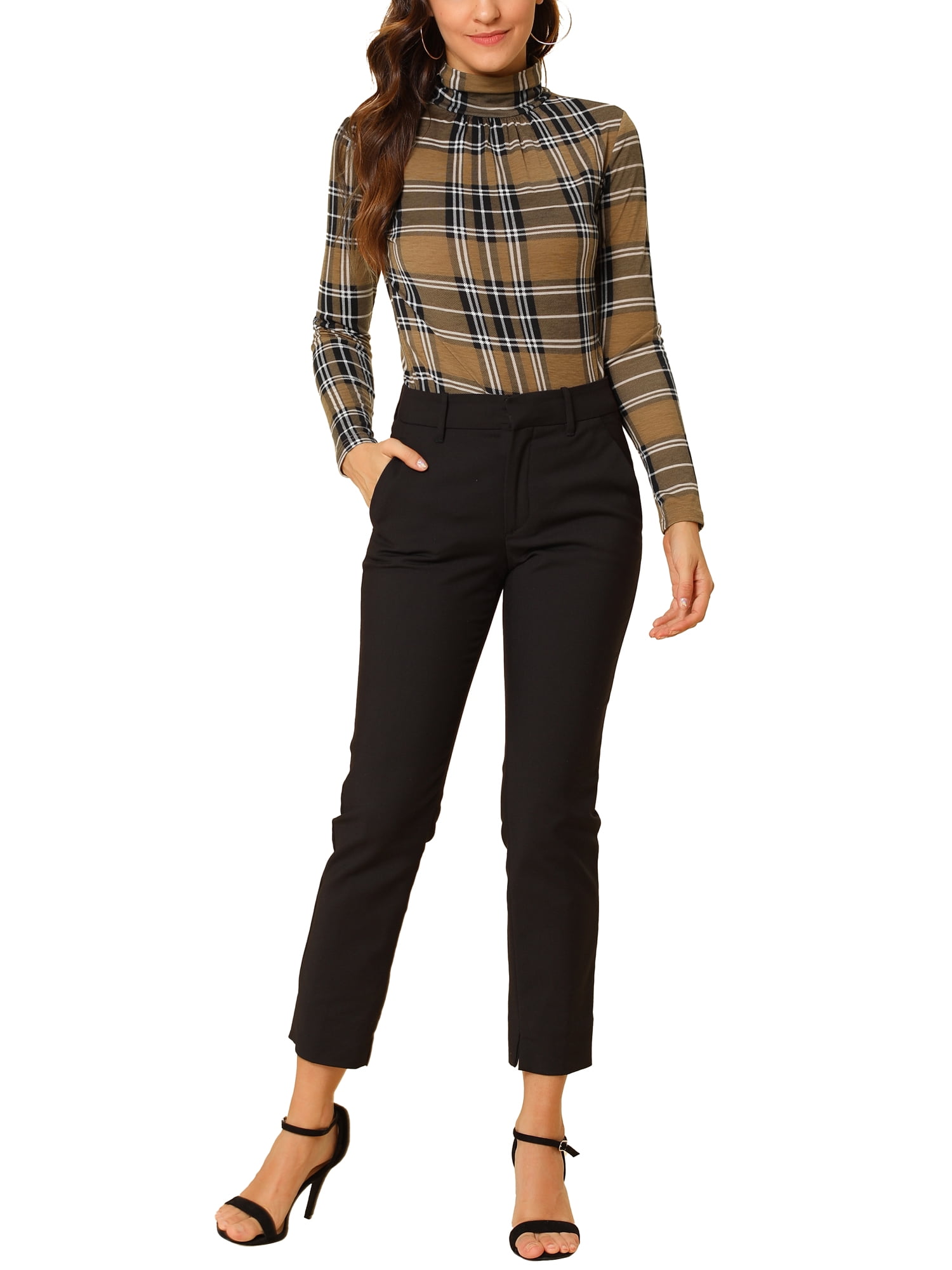 DARING DIVA Turtleneck Long Sleeve Slim Shirt Blouse L Brown