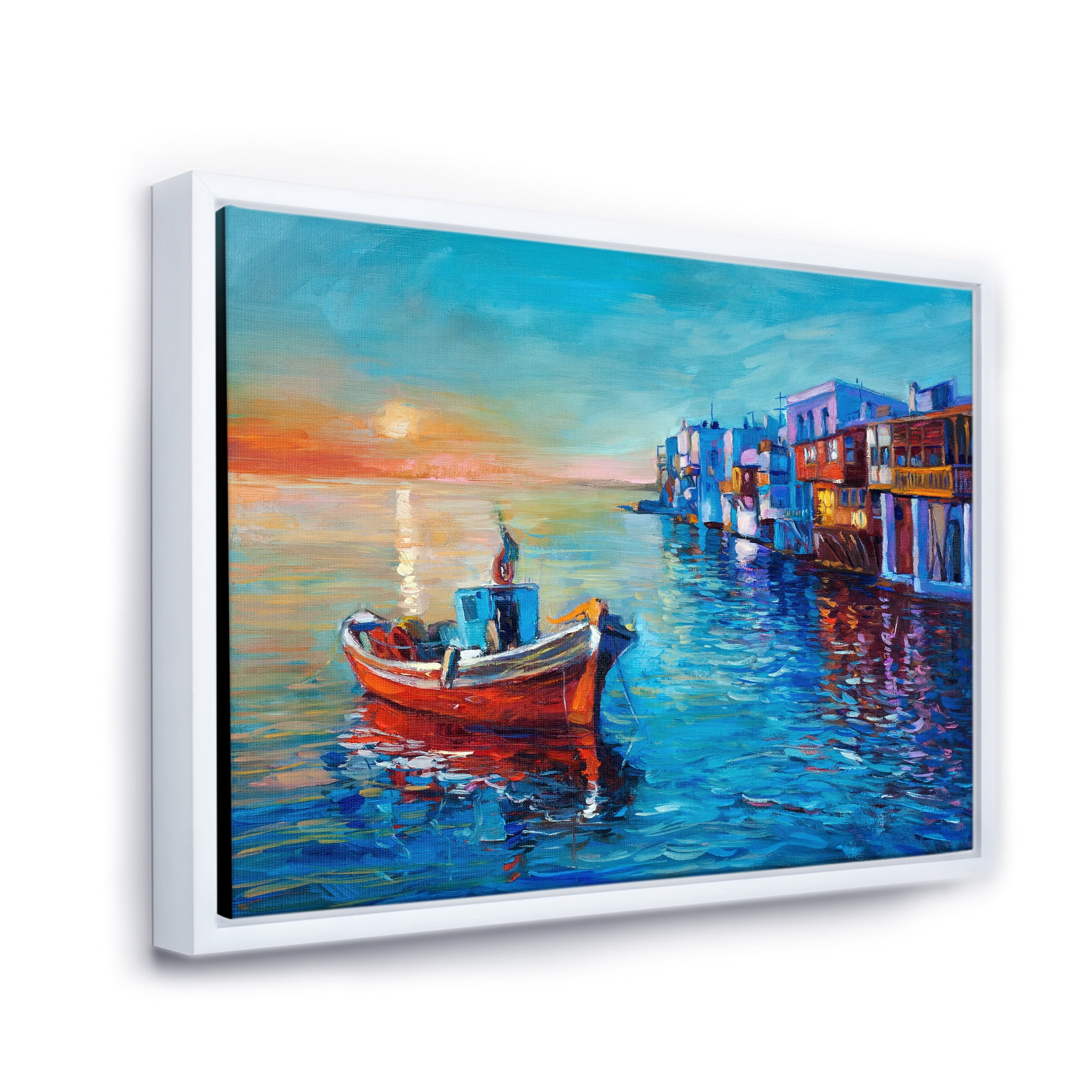 Designart 'Boats Near Coastal Town Resting On The Water I' Nautical & Coastal Framed Canvas Wall Art Print