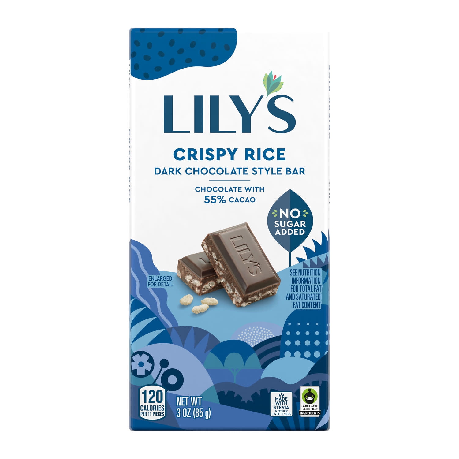 Lily's Crispy Rice Dark Chocolate Style No Sugar Added, Gluten Free Sweets, 17g Fiber, Bar 3 oz
