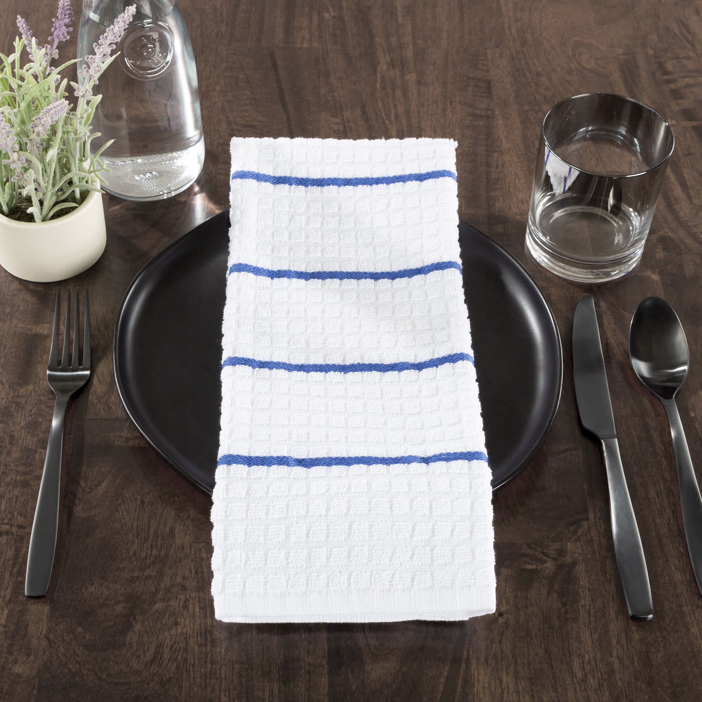 AVA KITCHEN TOWELS (3 ) OVERSIZED WHITE GRAY STRIPES 100% COTTON
