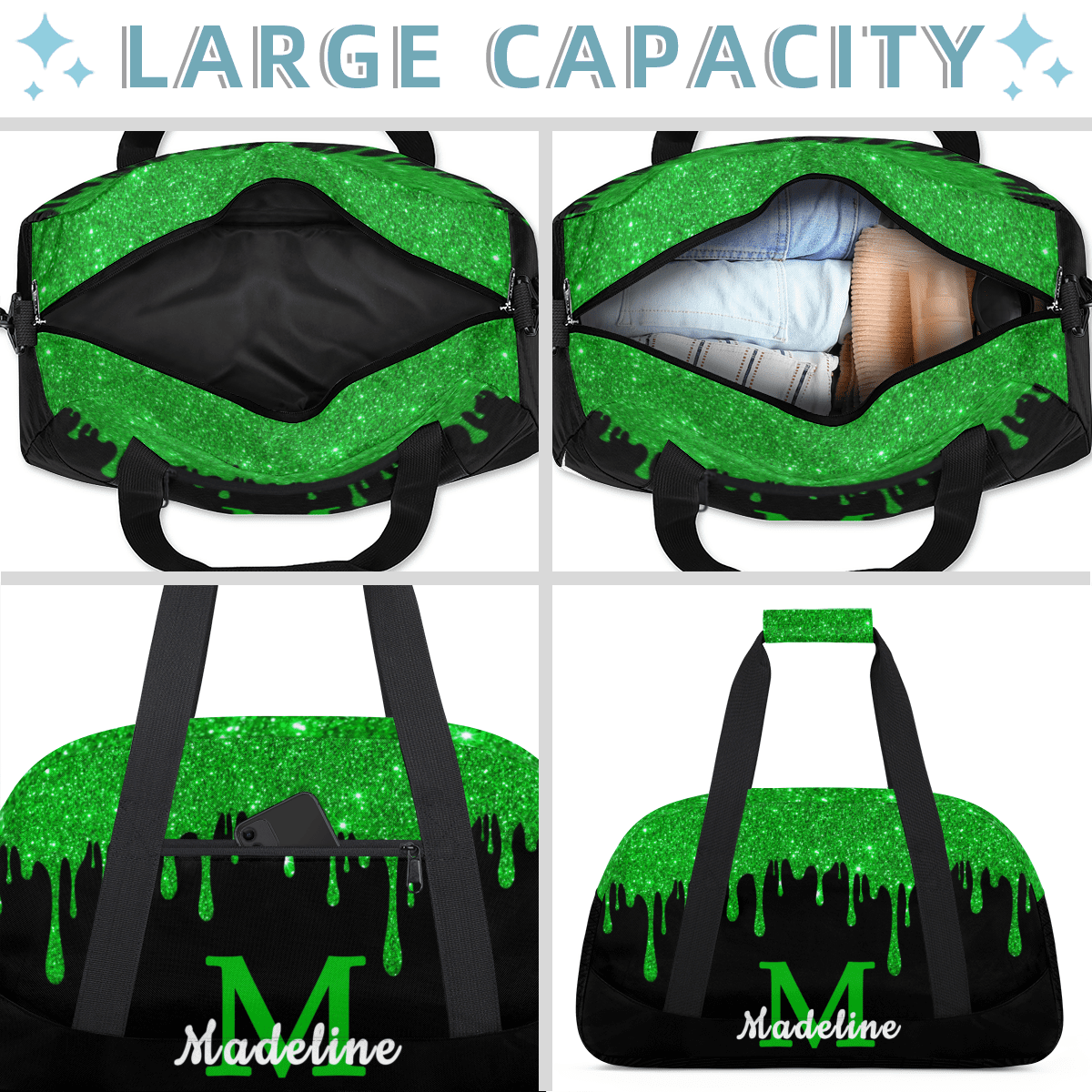 Herdesigns Personalized Sports Duffel Bag with Name Custom Weekender Overnight Bag Gym Bag Travel Dance Gymnastics Duffel Bag, Green
