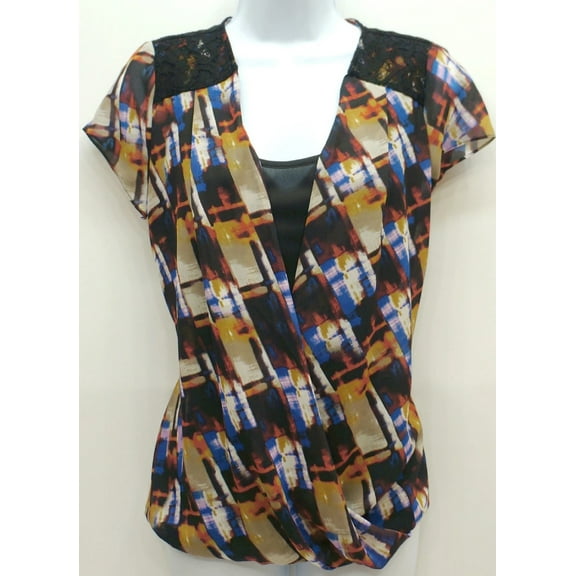 NY Collection Printed Faux Wrap Chiffon Layered-Look Top Blouse XL