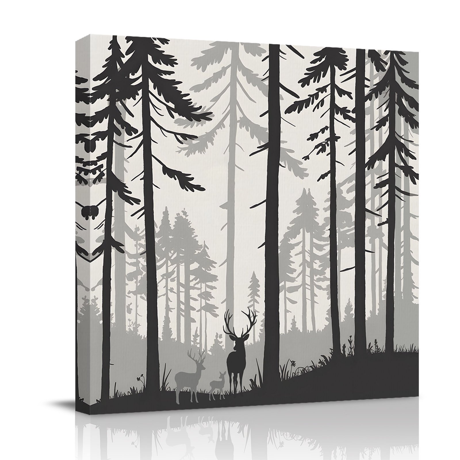 Canvas Wall Art Misty Forest Framed Canvas Prints for Bedroom Office Pine Trees Elk Vintage Pastoral Gray Large Gallery Wrapped Wall Decor for Home Office Gifts 16 x16 Ship Next Day