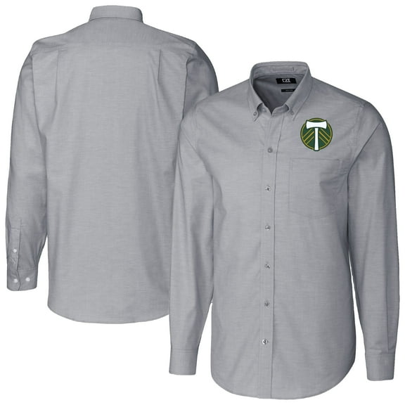 Men's-Cutter & Buck  Charcoal Portland Timbers Stretch Oxford Stripe Tri-Blend Long Sleeve Button-Down Shirt