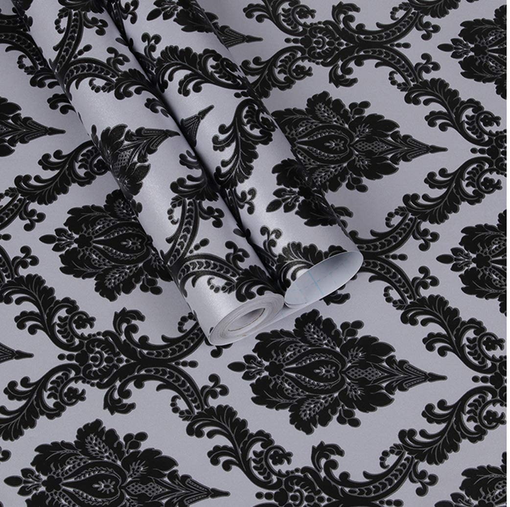 Black Damask Contact Paper Self Adhesive Shelf Liner Drawer Wall Sticker Peel and Stick