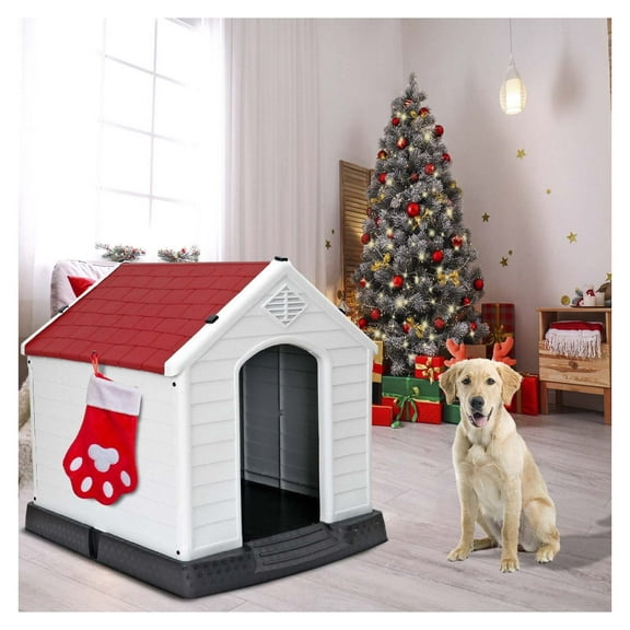 SKTPI Large Plastic Dog House, 28" H Outdoor Indoor Waterproof Doghouse Pet Dog Kennel, Insulated Puppy Shelter with Elevated Floor and Air Vents, for Small Medium Large Dogs(Red Roof)