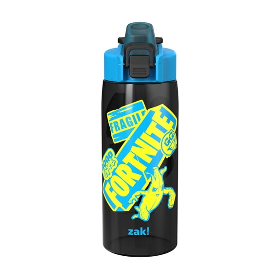 Zak Designs 25oz Durable Plastic Jubilation Water Bottle with Leak Proof Spout Cover, Straw, Push Button Lid, Flip Up Lock, and Built-in Carry Handle, Fortnite