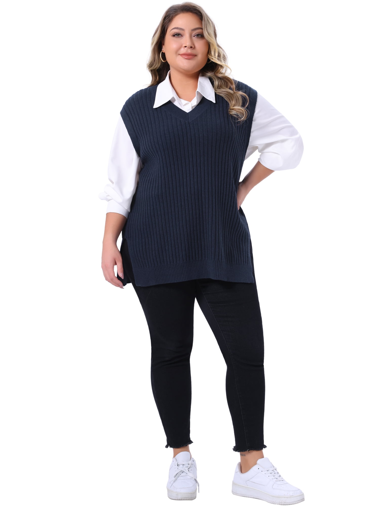 DARING DIVA Women's Plus V Neck Knit Split Hem Sweater Vest 3X Dark Blue