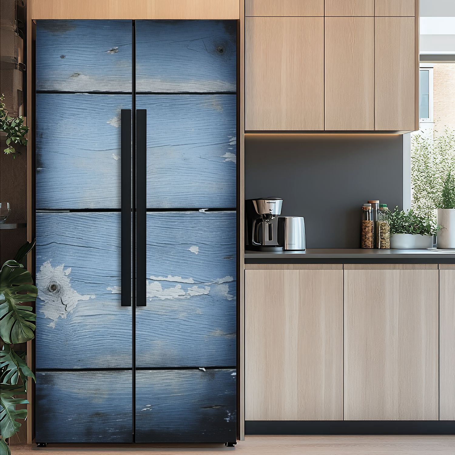 Self Adhesive Vinyl Refrigerator Wrap Set blue painted Door Mural Removable Fridge Sticker Peel and Stick&nbsp;Full Door Cover Decal Kitchen Bar Decor