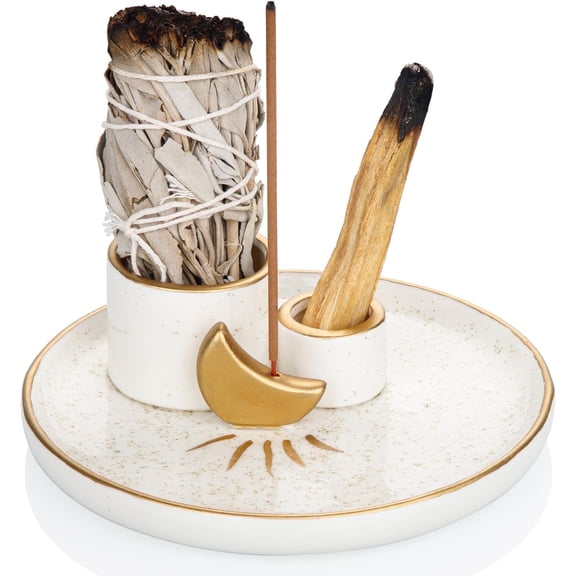 Incense Holder 4 in 1 Incense and Candle Holder for Burning Sage Palo Santo Ceramic Ash Catcher Tray for Meditation Room 5.9" Gold