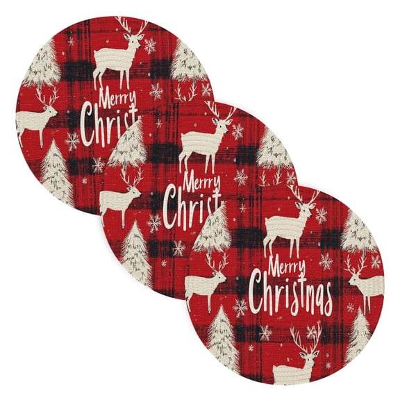 BZSMCE Mats for Pots,Pans Place Black Red Plaid Pattern with Reindeer Simple Style Pattern Pot Mats