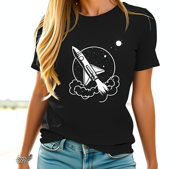 Minimalist Rocket Ship Graphic Cotton Short Sleeve T-Shirt for Women - Modern Space Design Casual Style