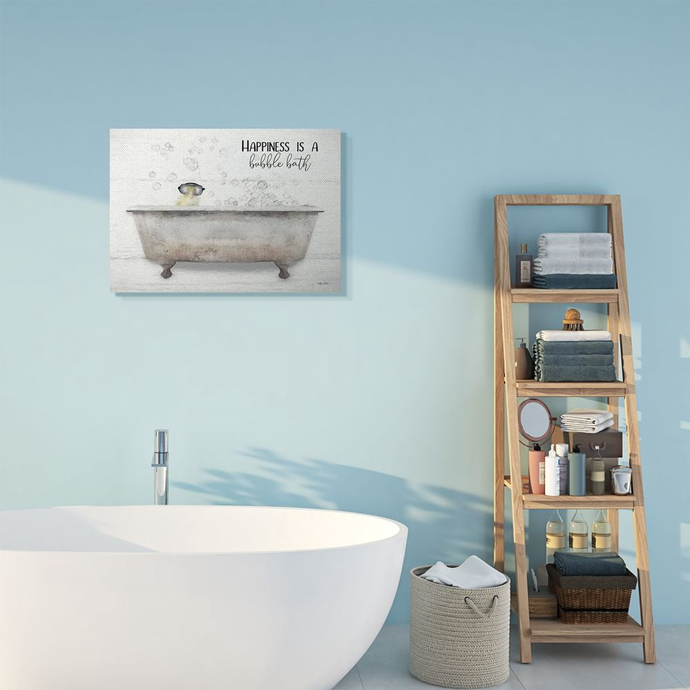 Stupell Industries Happiness is a Bubble Bath Quote Bathroom Tub Chick Animals & Insects Painting Gallery Wrapped Canvas Art Print Wall Art, 24 x 30