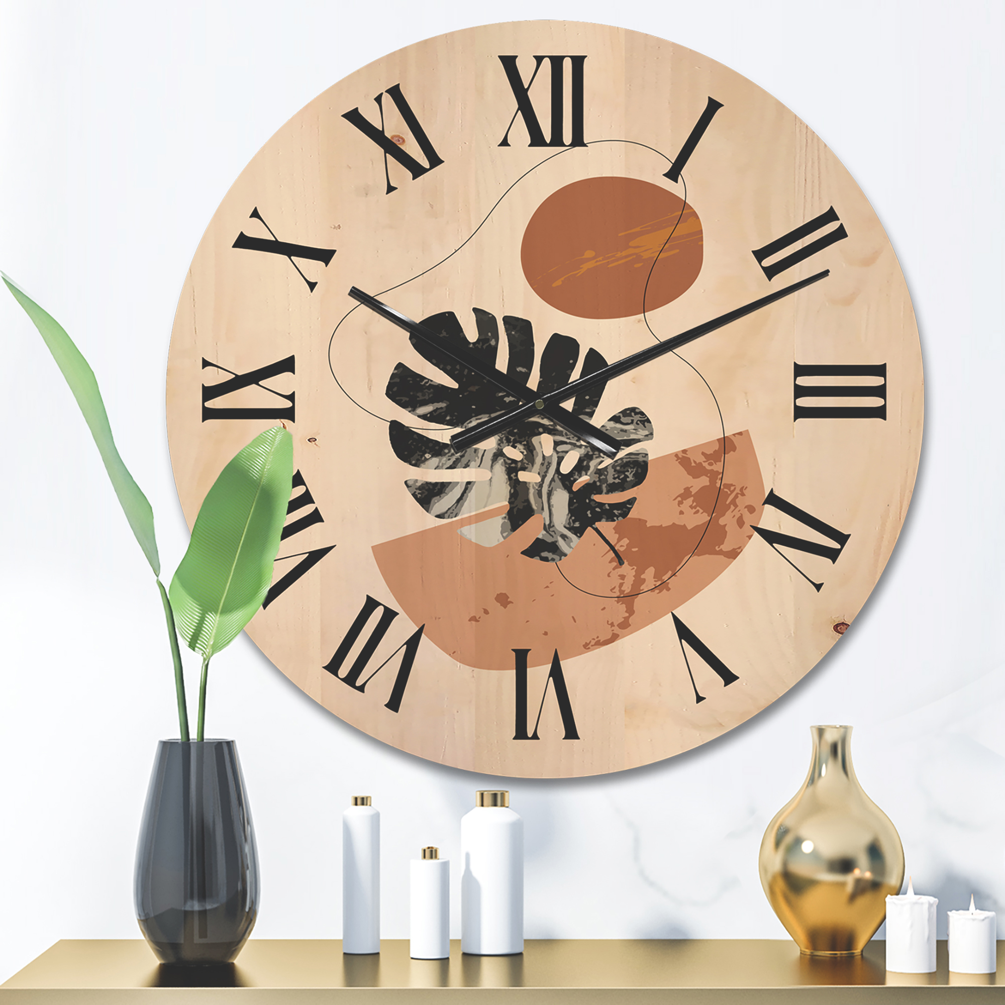 Designart 'Abstract Tropical Monstera Shapes and Leaves' Modern Wood Wall Clock
