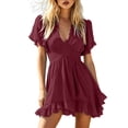 thumbnail image 2 of ClodeEU Women's Puff Sleeve V Neck Mini Dress,Casual Ruffle Hem A-Line Sundress Wine,Women's Plus M, 2 of 5