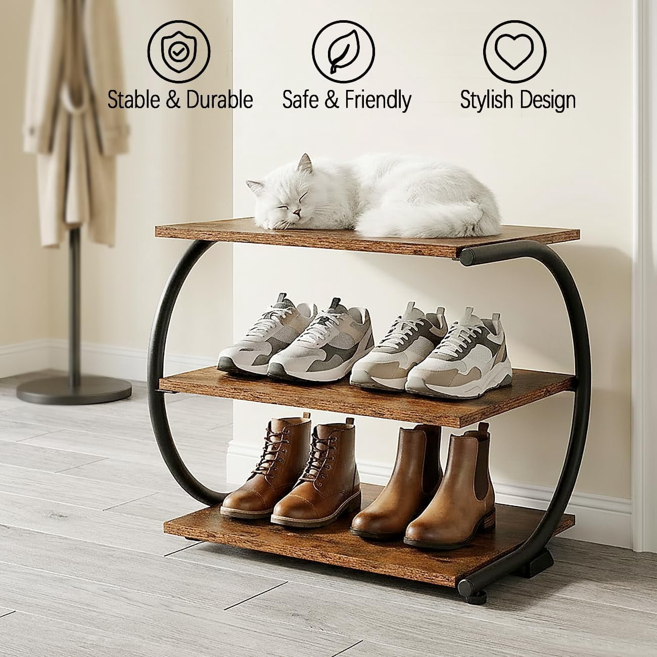 3-Tier Shoe Rack with Metal Frame & Adjustable Feet - Compact Organizer for Entryway, Closet, Hallway (Holds 11 lbs/Shelf)
