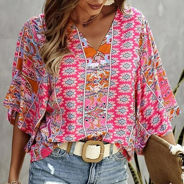 Boho Tops for Women Loose Fit Casual Bohemian Printed Loose Short Sleeve  V-neck Pullover Blouse Floral Shirt